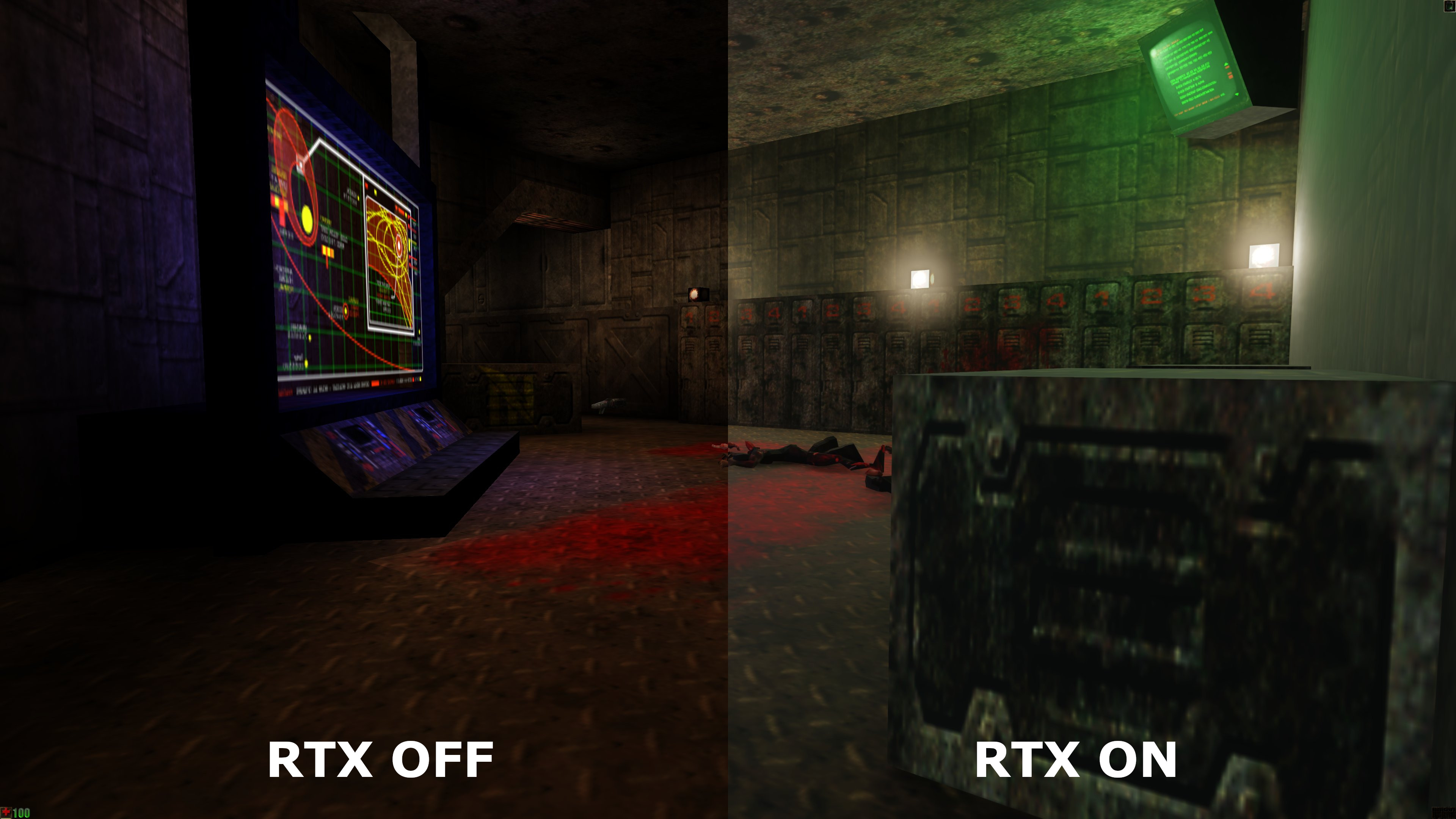 Unreal'de RTX efektlerinin etkin (sağda) ve devre dışı (solda) olduğu bir sahne