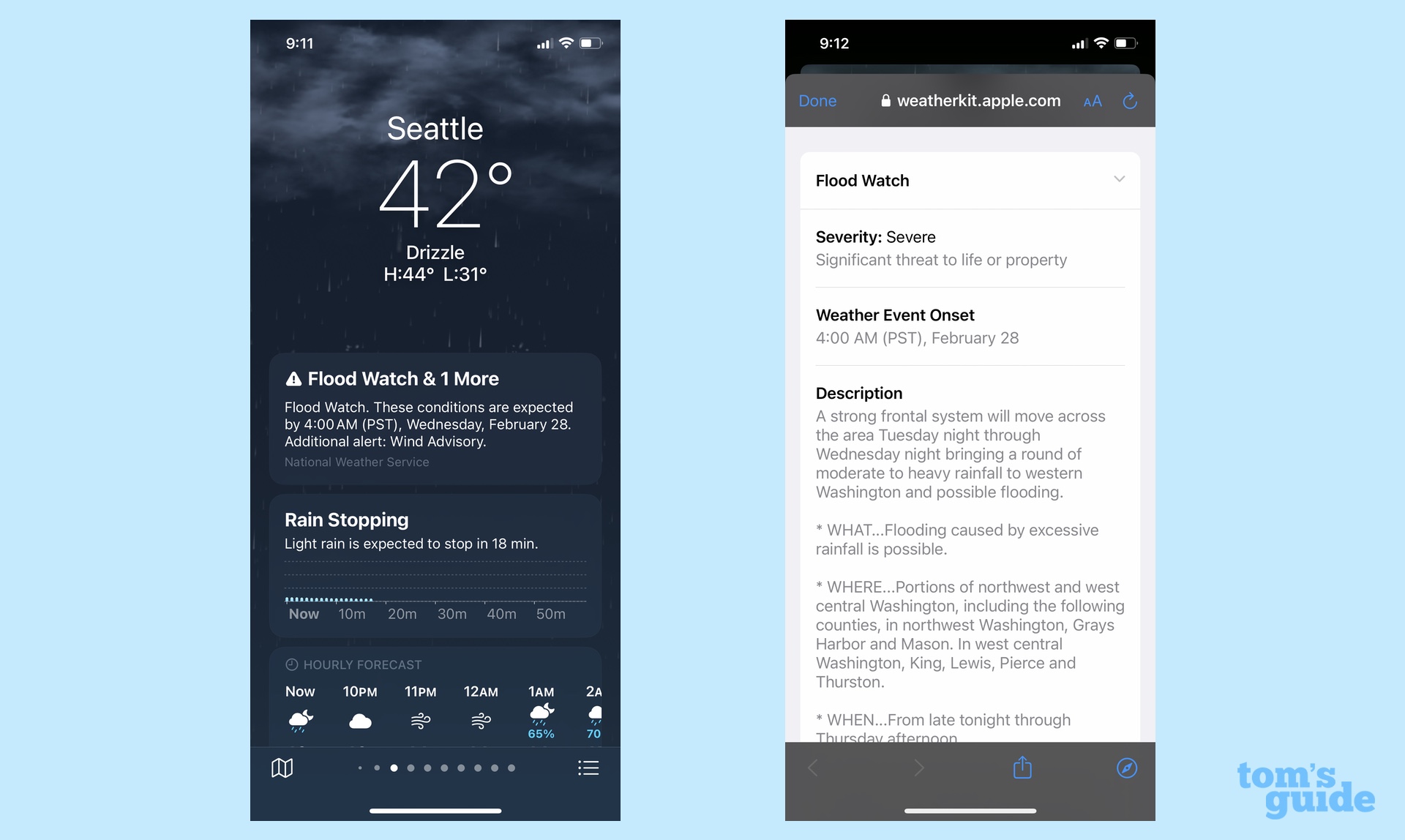 iPhone'daki iOS 17 Hava Durumu uygulamasında sel uyarısı görüntüleniyor