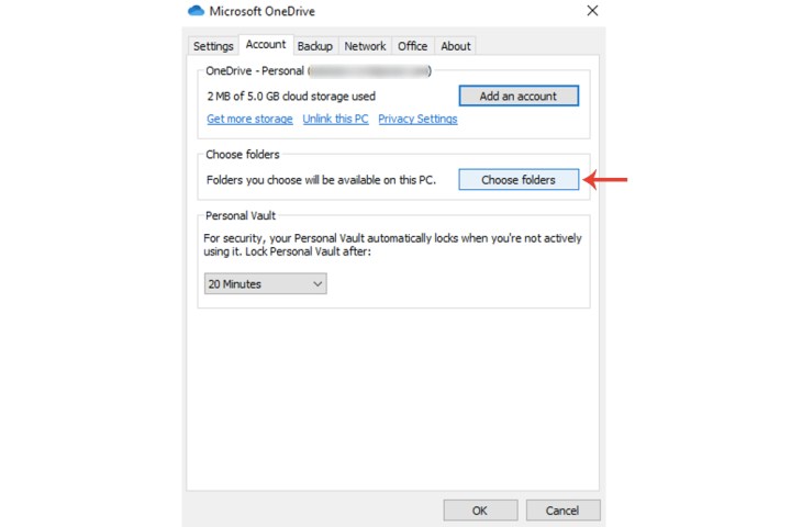 Windows 10'da Microsoft OneDrive için Klasör seç düğmesi.