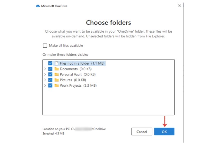 Windows 10'da OneDrive'a senkronize edilecek klasörleri ve dosyaları seçme. 
