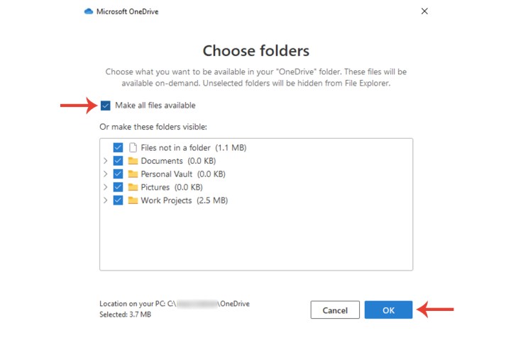 Windows 10'daki Microsoft OneDrive'daki Tüm dosyaları eşitleme için kullanılabilir yap düğmesi.