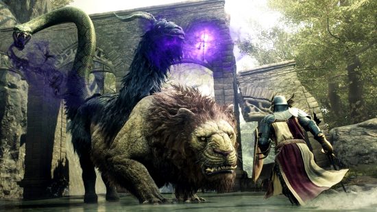 Dragon's Dogma 2 düşmanlarından biri olan Chimera'nın üç başından ikisiyle saldırdığı görülüyor: Bir aslan, bir keçi ve bir yılan.