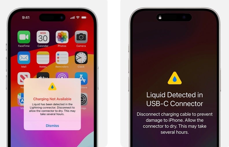 Apple, Lightning bağlantı noktanız (L) veya USB-C bağlantı noktanız (R) kullanılamayacak kadar ıslanırsa sizi uyaracak - Apple ilk defa, iPhone'unuzu ıslanırsa buraya koymayın diyor