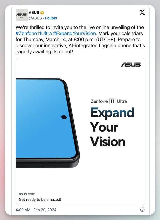 Asus, Zenfone 11 Ultra'nın tanıtımı için 14 Mart'ta canlı etkinlik düzenleyecek