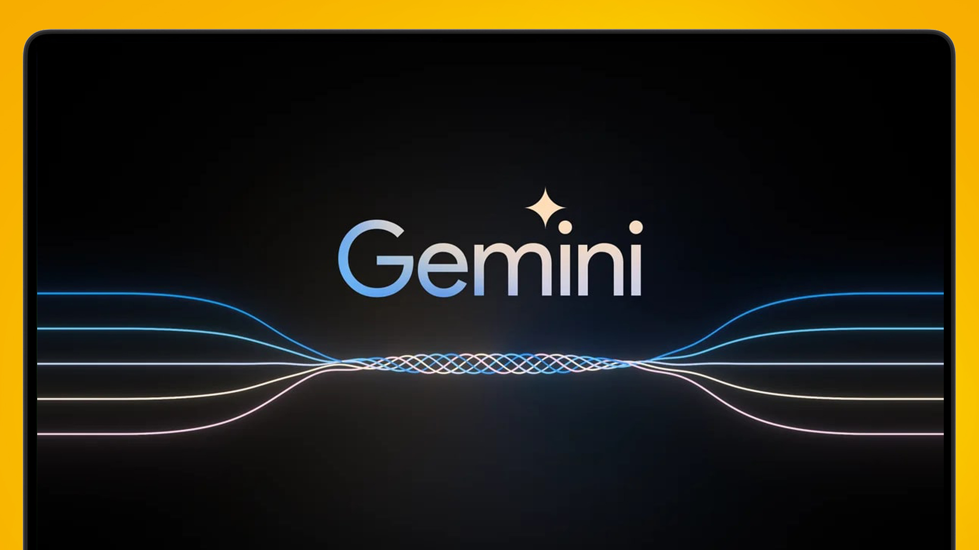 Turuncu bir arka plan üzerinde bir dizüstü bilgisayar ekranındaki Google Gemini logosu