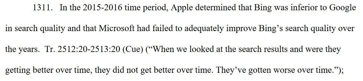 Apple'ın Bing hakkındaki duygularını gösteren mahkeme dosyasından alıntı - Eski bir rock yıldızı hakkındaki yanlış yanıt, Apple'ı Bing'i satın almaya karşı çevirdi