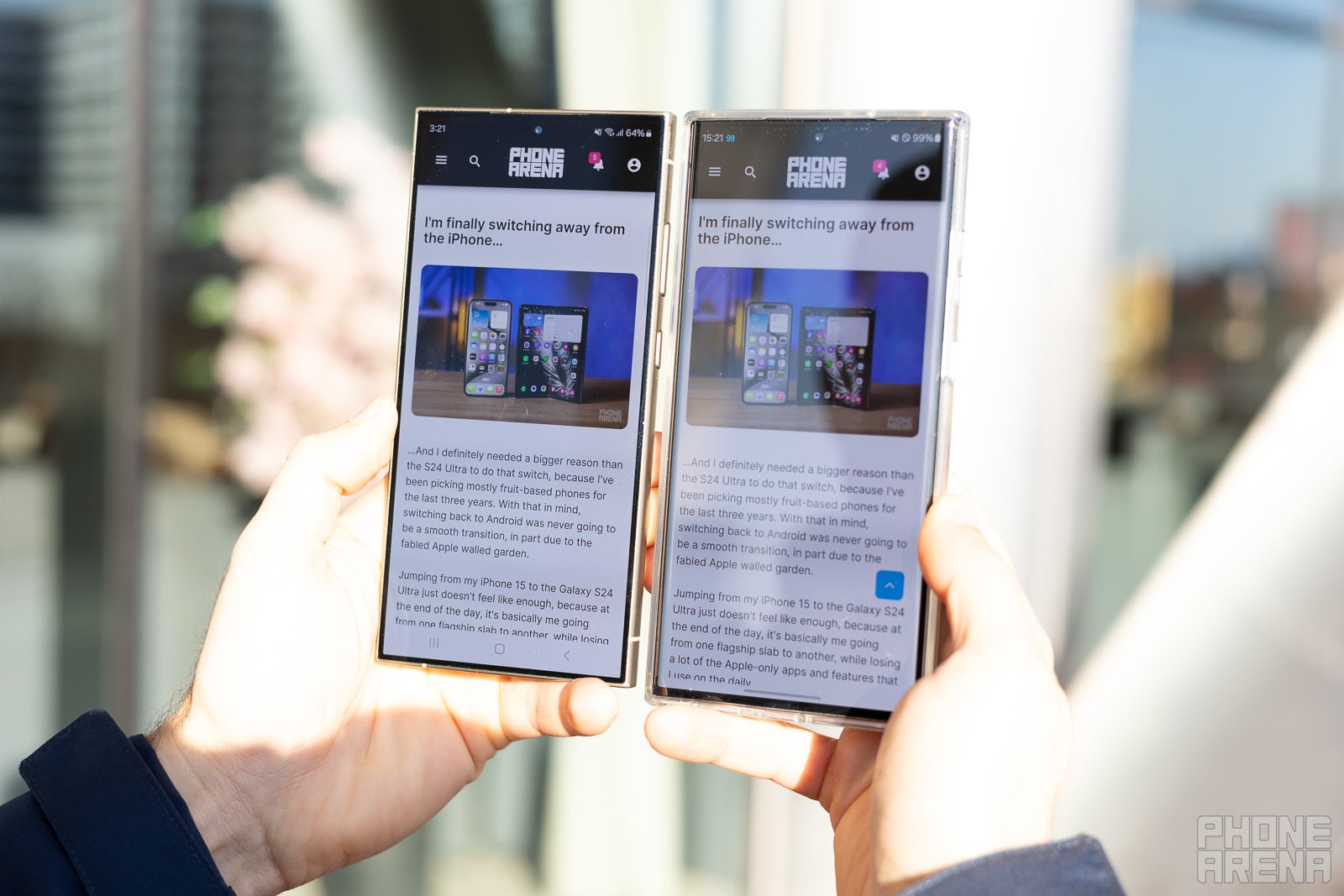 S24 Ultra ekranı (solda), S23 Ultra'ya (sağda) kıyasla neredeyse inanılmaz derecede yansımasız görünüyor.  - Galaxy S24 Ultra, devrim niteliğinde, yansımasız bir ekrana sahip: iPhone ve Pixel ile test ettik