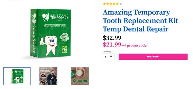 Bir ekran görüntüsü "İnanılmaz Geçici Diş Değiştirme Kiti" MyStore web sitesinden.