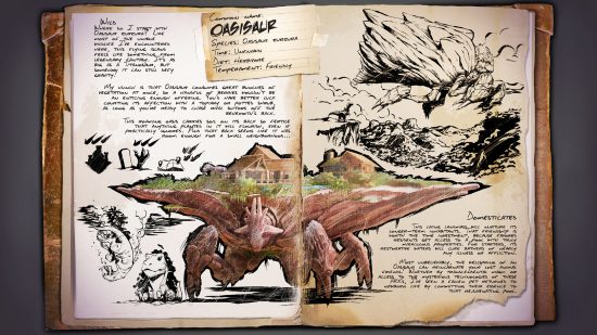 Ark Survival Ascished Oasisaur - Sırtında yüzen bir adaya sahip yeni dev dinozorun fizyolojisini belgeleyen bir kitap.
