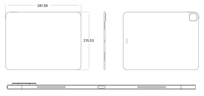 13 inç iPad Pro'nun (2024) CAD çizimi - CAD çizimleri, 2024 iPad Pro tabletleri için tanıdık ancak daha ince tasarımı ortaya koyuyor