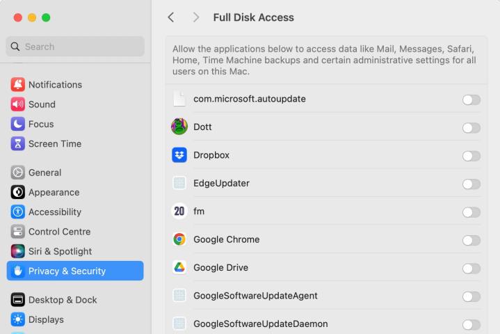 macOS Sonoma'nın Sistem Ayarları uygulamasındaki Tam Disk Erişimi menüsü.