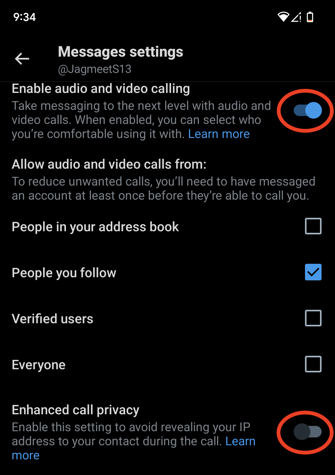 X'in Android için sesli ve görüntülü arama özelliği ayarlarının ekran görüntüsü.