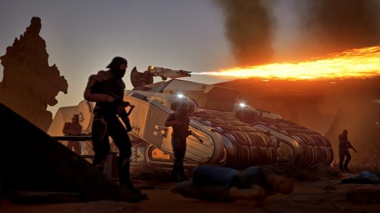 Dune Awakening önizlemesi: Bir tank kulesinden alevler saçıyor.