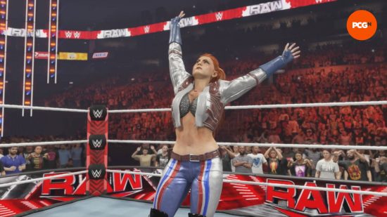 WWE 2K24'ün açılabilir öğeleri: Kızıl saçlı bir güreşçi kutlama için kalabalığa kollarını sallıyor.