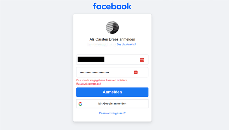 Yanlış şifreyi girdiğinizi belirten Facebook hata mesajı