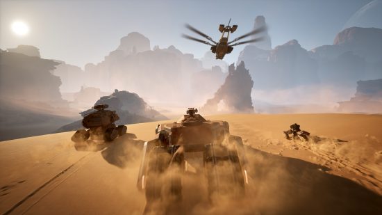 Dune Awakening: çölde üç kara aracı ve yusufçuk benzeri bir hava aracı.