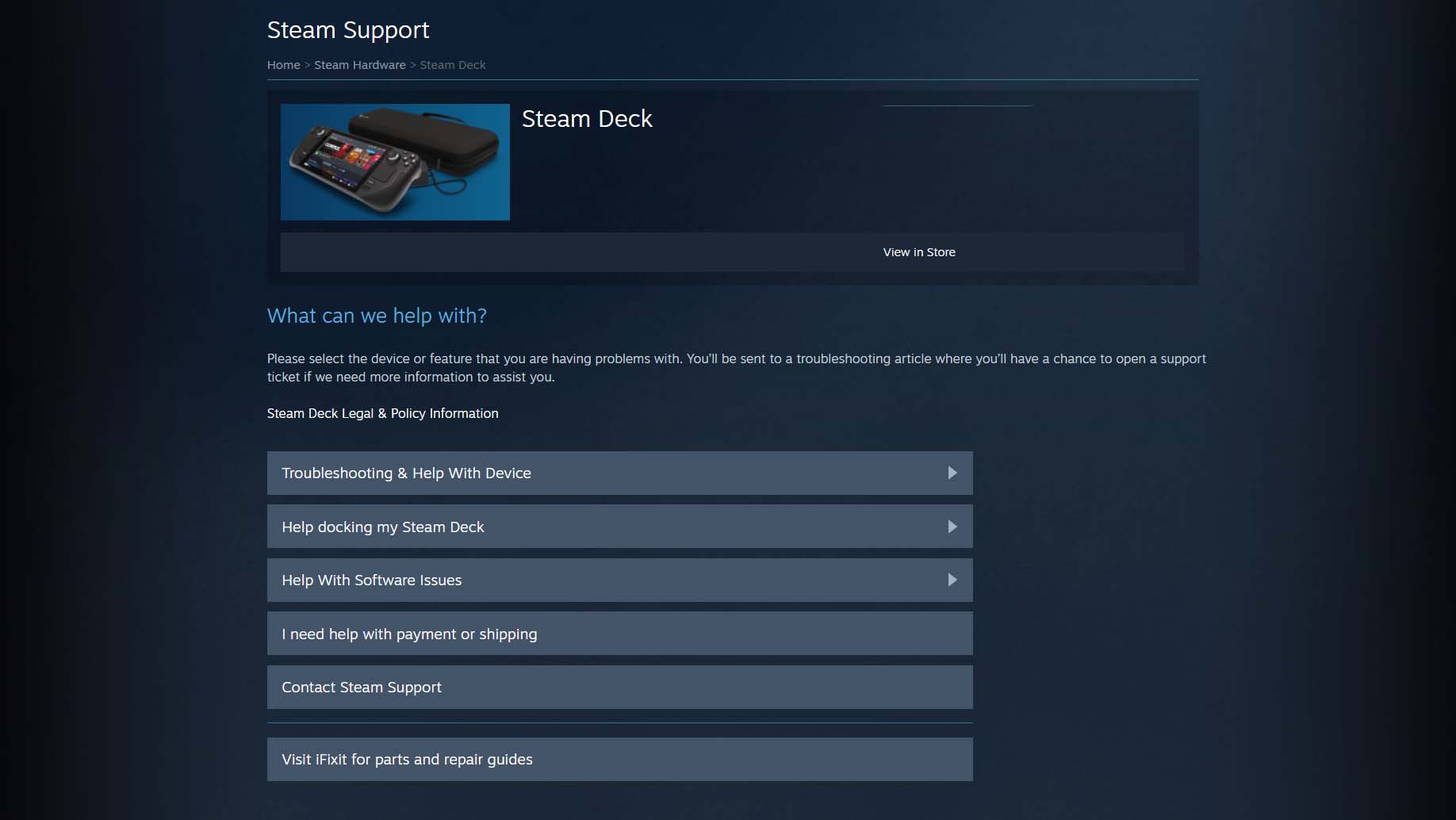 Steam Deck destek sayfası.