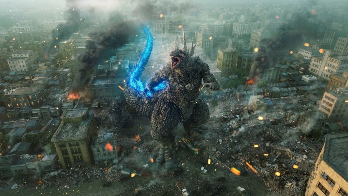 Godzilla, Godzilla Eksi Bir'den geniş bir çekimde şehri yok ediyor
