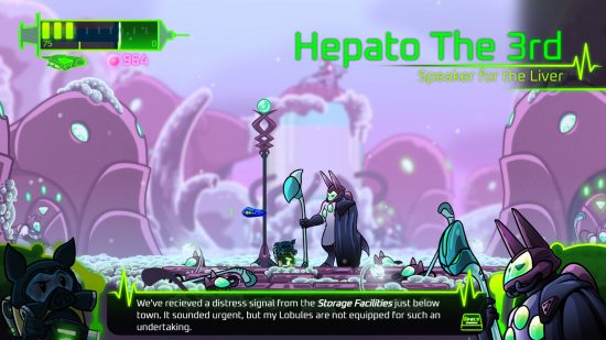 BioGun çıkış tarihi - Metroidvania oyununda 'Hepato the Third, Speaker for the Liver' ile tanışan oyuncunun ekran görüntüsü.
