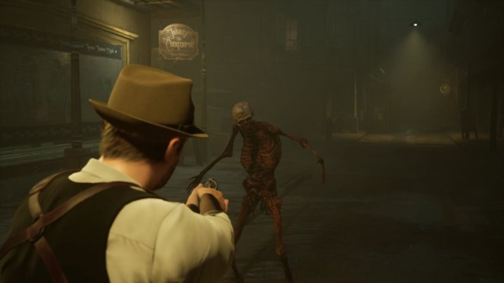 Karanlıkta Tek Başına'da bir adam bir zombiyi vuruyor.