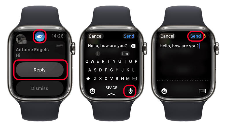 Ekran görüntüleri Apple Watch'ta WhatsApp mesajlarına yanıt vermeyi gösteriyor