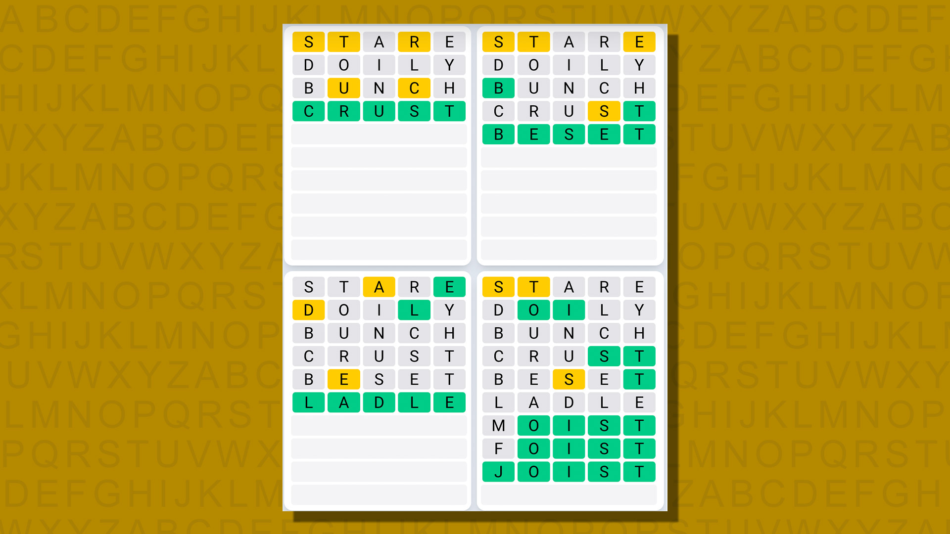 Sarı arka planda 787 numaralı oyunun Quordle günlük dizisi yanıtları