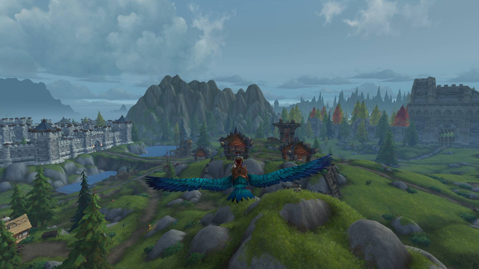 Oyuncular WoW'u öldürecek ve Plunderstorm'un tepkisi bunu kanıtlıyor: Bir dağlık bölgede süzülen devasa bir papağanın üzerinde bir World of Warcraft karakteri