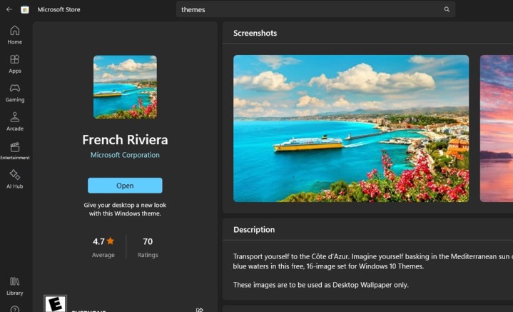 Microsoft Store'daki Fransız Rivierası temasını gösteren ekran görüntüsü.