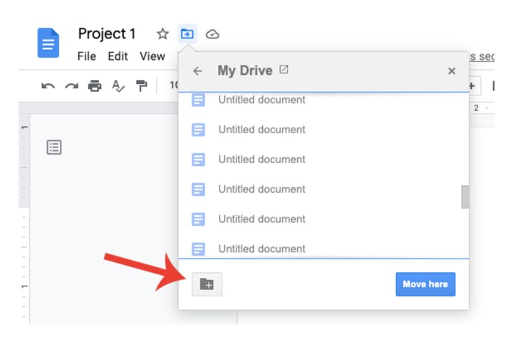 Bir Google Dokümanlar belgesindeki yeni klasör oluştur düğmesi.