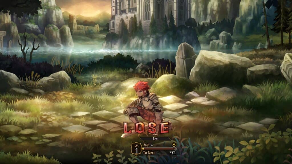 Resim, Unicorn Overlord İncelemesindeki kaybetme ekranını gösteriyor