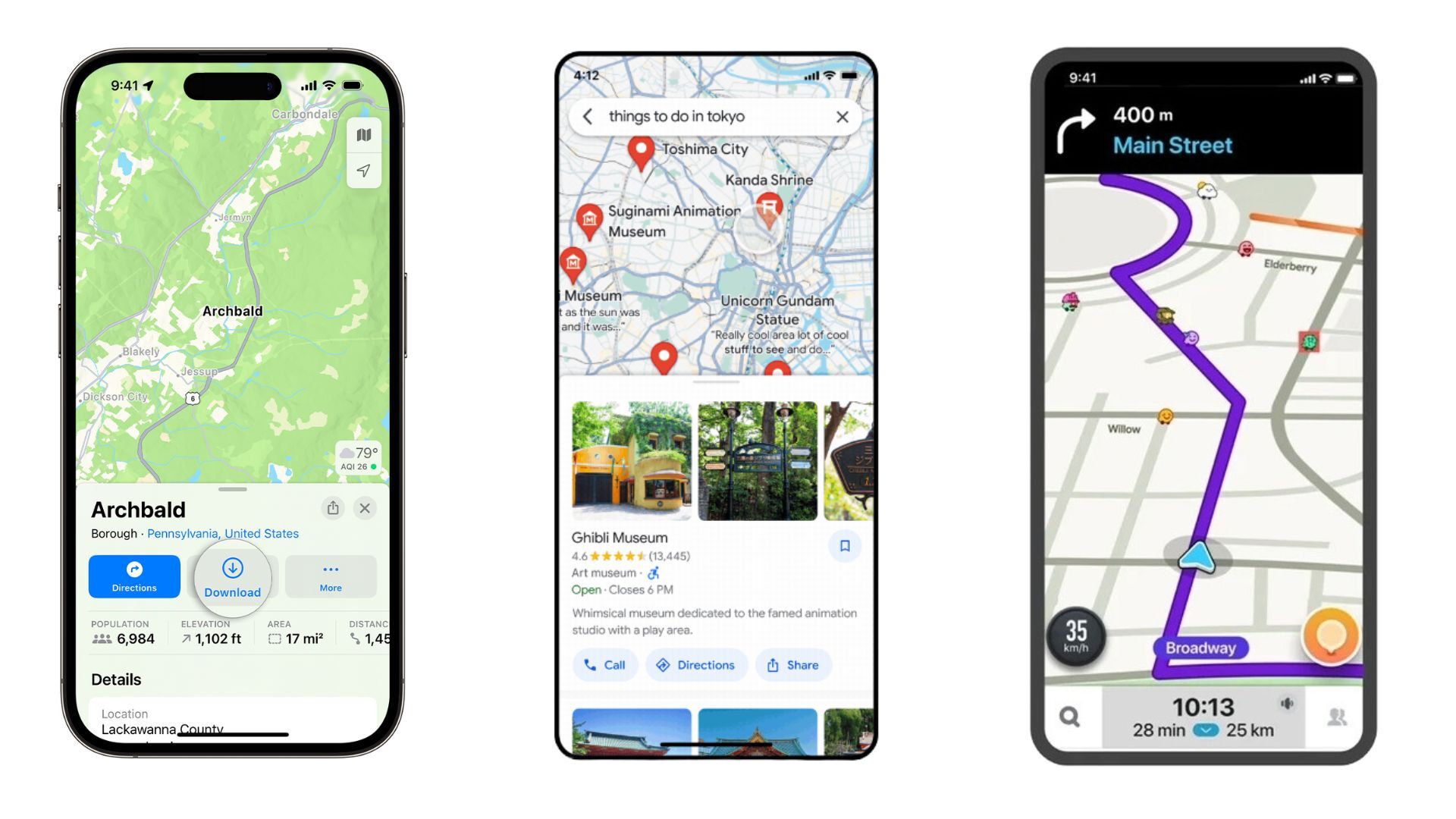Solda Apple Haritalar, ortada Google Haritalar, sağda Waze - Google Haritalar, Apple Haritalar veya Waze: Yolu gerçekten hangi navigasyon uygulaması yönetiyor?