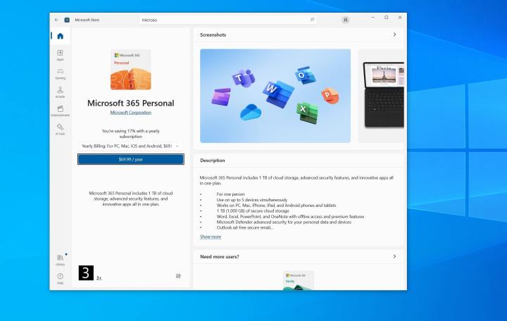 Windows 10'daki Microsoft Store'daki Microsoft 365 listesinin ekran görüntüsü