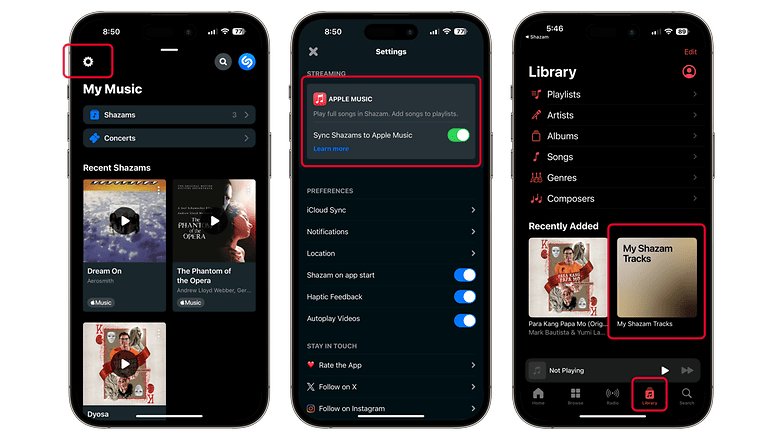 Ekran görüntüleri: Shazam'ı Apple Music ile otomatik olarak senkronize edin