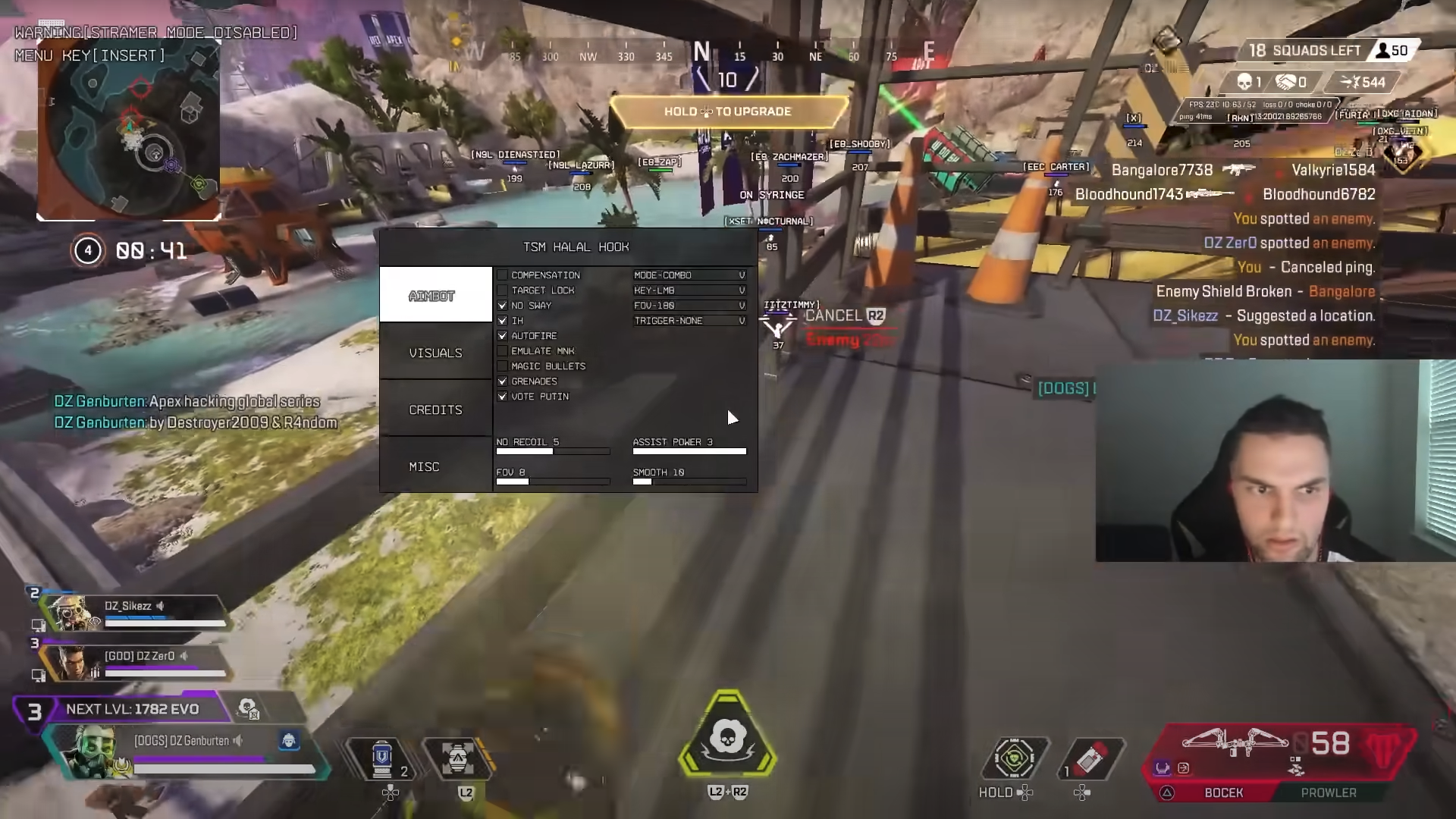 Bir oyuncunun saldırıya uğradığı ve aniden hile aldığı rekabetçi Apex Legends oyununun ekran görüntüsü.