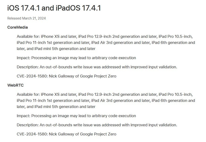 Apple, iOS 17.4.1 ve iPadOS 17.4.1 tarafından düzeltilen kusurları ortaya çıkarmak için Güvenlik Sürümleri destek sayfasını güncelliyor - Apple, sonunda iOS 17.4.1'de yamaladığı ciddi güvenlik sorunlarını ortaya koyuyor