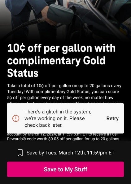 Glitch, T-Mobile müşterilerinin benzinde galon başına 10 sent indirim almasını engelliyor - Glitch, T-Mobile abonelerinin T-Mobile Salı günleri ödüllerinden birini almasını engelliyor