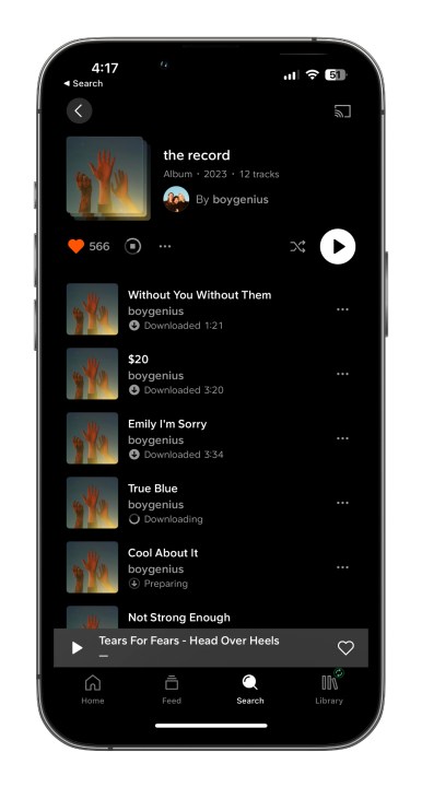 Boygenius'tan indirilen parçaları gösteren SoundCloud uygulaması.