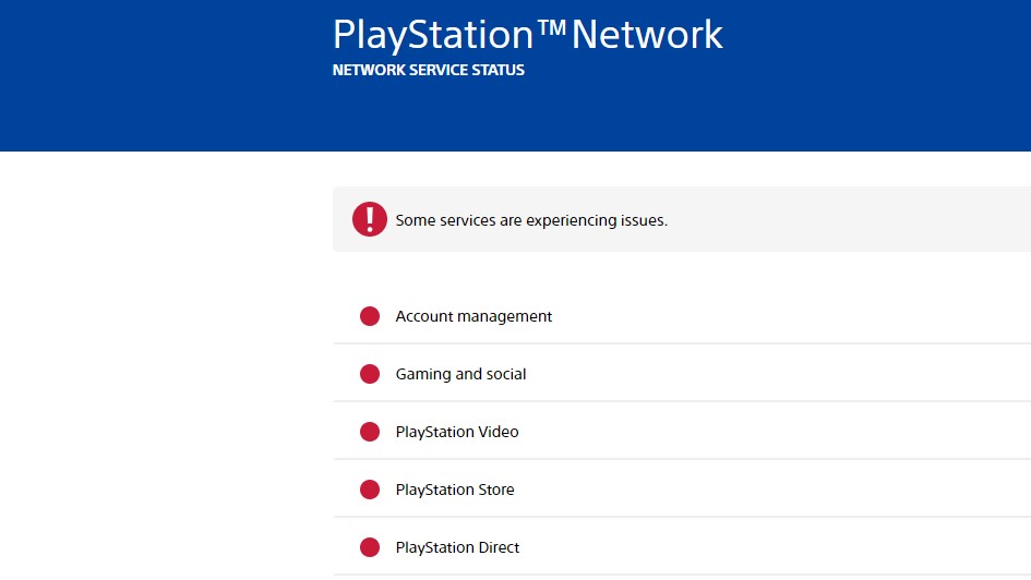 PlayStation Network resmi durum sayfasının tamamen kırmızı uyarı ışıkları