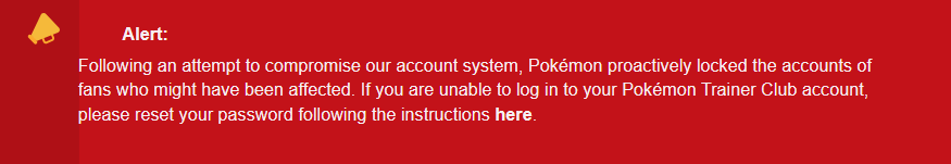 The Pokemon Company'nin resmi destek web sitesinde yayınladığı hackleme girişimlerine ilişkin uyarı.