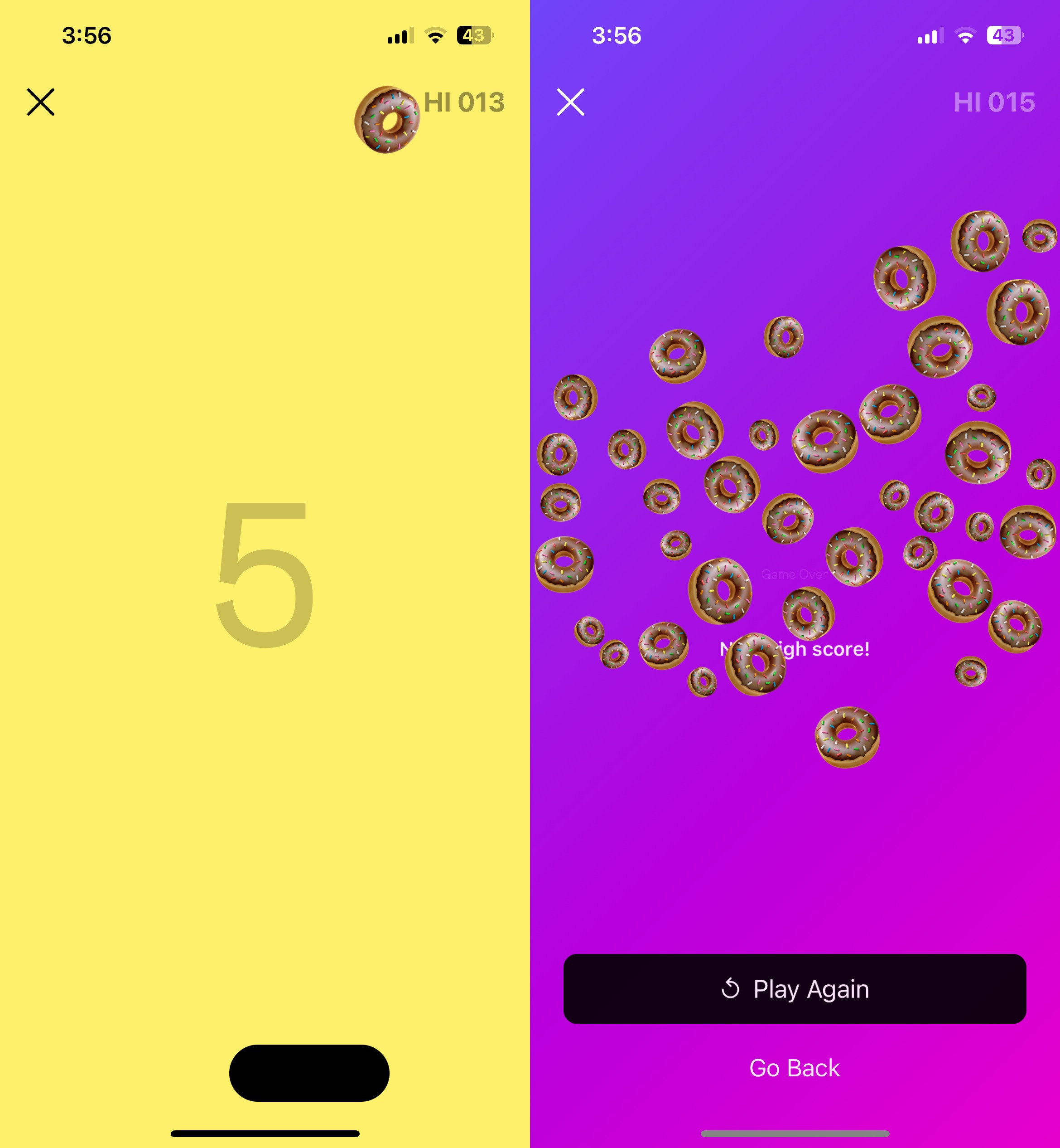 Instagram'ın gizli oyununun yan yana iki ekran görüntüsü.  İlk resimde kürekten seken bir çörek emojisi görülüyor.  İkinci resim oyunu ekran üzerinden gösteriyor.
