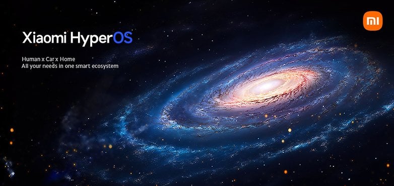 Arka planda galaksi bulunan HyperOS logosu.