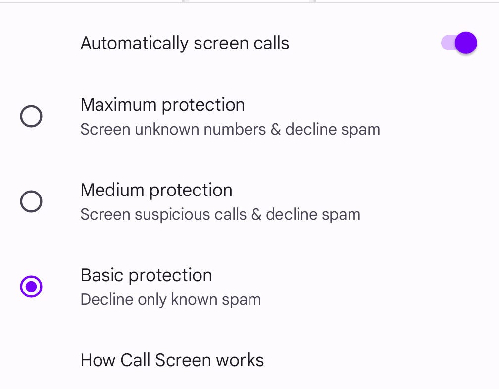 Android 14'teki Otomatik çağrı filtreleme seçenekleri.