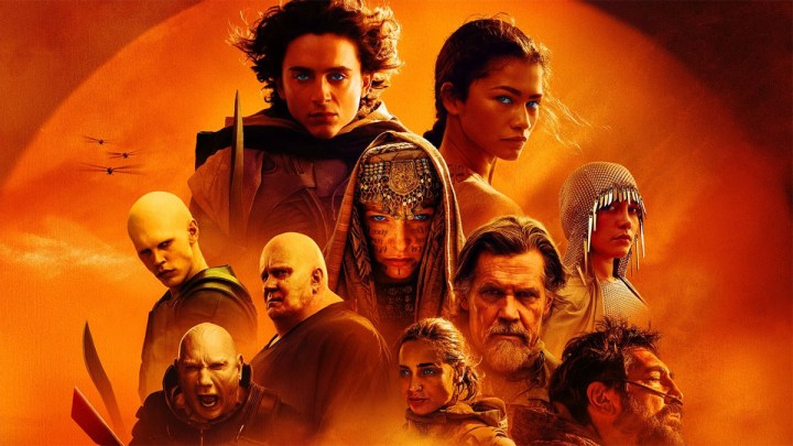 Filmin posterinde Dune: İkinci Bölüm'ün oyuncu kadrosu.