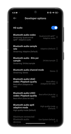 Ekran görüntüsü: Android'de Bluetooth codec bileşenini değiştirme