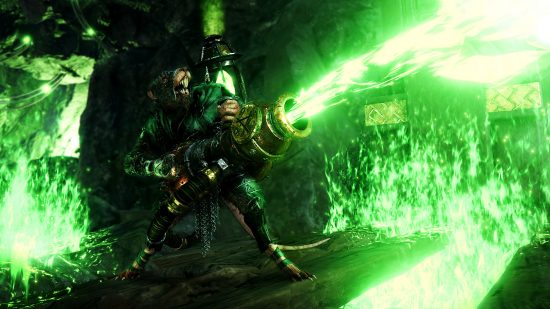 Warhammer Vermintide 2'ye karşı mod - Bir Skaven büyük bir topun içinden yeşil mermi fırlatıyor.