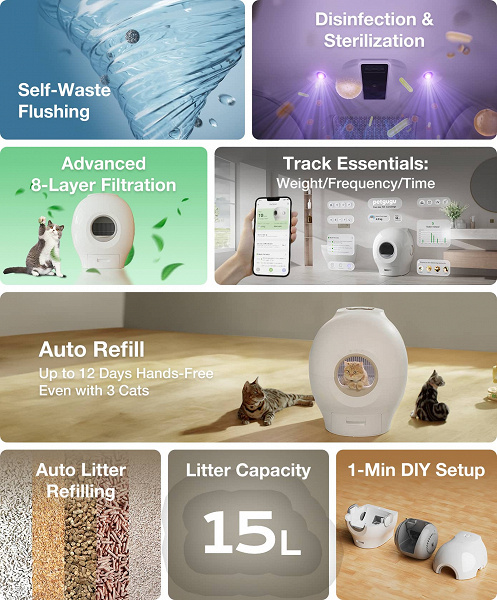 Bu, tam tuvaleti, hava temizleyicisi, tartıları ve akıllı sensörleri olan bir kedi evi-tuvaletidir.  Petgugu tarafından 1000$ fiyat etiketiyle tanıtıldı