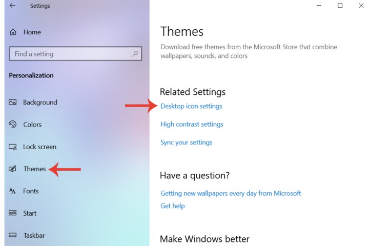 Windows 10'daki Masaüstü simgesi ayarları seçeneği.