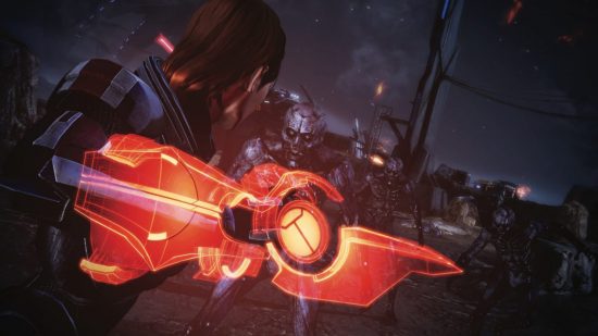 Mass Effect Legendary Edition'da BG3: kolunda parlayan bir bıçakla androidlere karşı savaşan bir kadın gibi oyunlar.