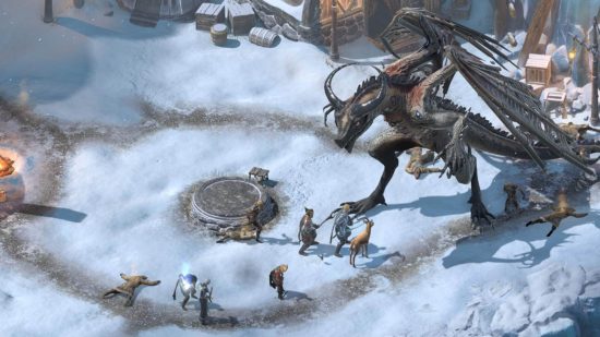 BG3 gibi oyunlar: Pillars of Eternity 2 Deadfire'da bazı insanlar ve hayvanlar, tepelerinde yükselen bir ejderhayla yüzleşiyor.
