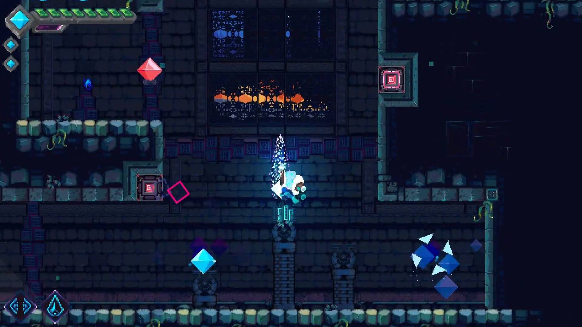Mega Man ve Doom yeni bağımsız platform oyununda çarpışıyor: Mavi pikselli bir karakter karanlık bir zindan alanında yukarı doğru fırlıyor